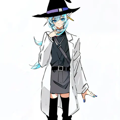 Anime elf girl in white coat and black shirt, 2 d anime style, Full body!!, single character full body, full_Body!!, Gapmoe Yandere, Tall anime female elf with blue eyes, gapmoe yandere grimdark, !!Full body portrait!!, ( ( wearing a long coat ) ), Full bo...