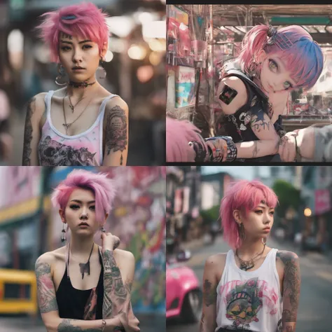 (top-quality、8K、32K、​masterpiece、nffsw:1.3)、(Photorealsitic:1.4),18-year-old punk girl,A detailed eye、Looks Back,Wacky punk hair,Radical punk fashion,Tank Tops、Wacky makeup、A pink-haired,、A lot of tattoos on the body,、Street background、Backlight effect、dep...