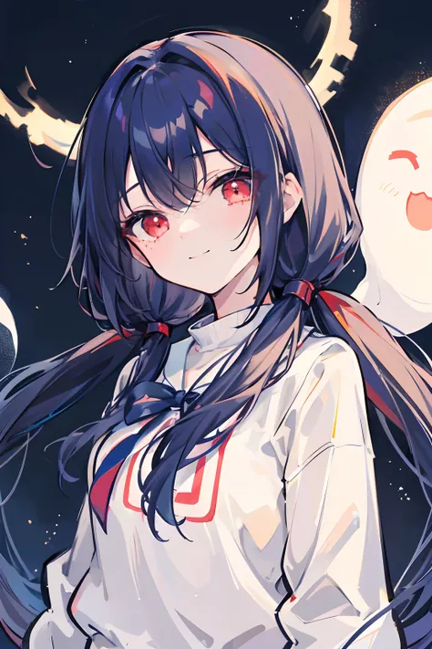 1girl, masterpiece, young girl, high quality, (dark blue hair), (straight hair), ((up twintail)), long hair, red eyes, ((detail face)), in the night, (flying above), (flying in the sky), ((with ghosts)), (cute ghosts) wearing a white jumper, (smiling)