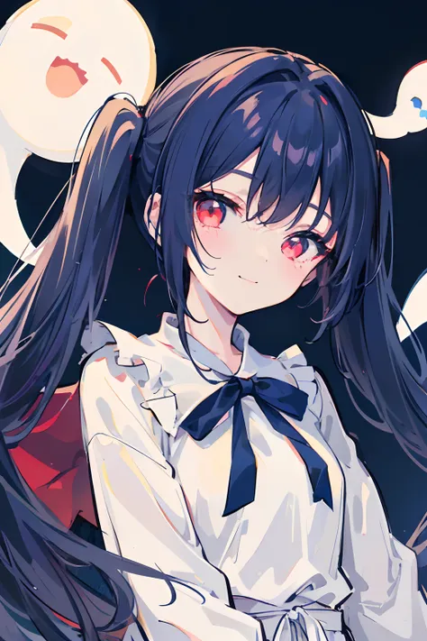 1girl, masterpiece, young girl, high quality, (dark blue hair), (straight hair), ((up twintail)), ((a top-tied twin-tail)), long hair, red eyes, ((detail face)), in the night, (flying above), (flying in the sky), ((with ghosts)), (cute ghosts) wearing a wh...