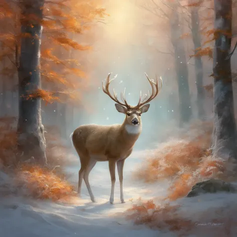 qualidade superior, obra prima, ultra-detalhada, Foto RAW, (Fotorrealista:1.4), Amidst that enchanted forest, a truly extraordinary deer appeared. Its coat was as white as freshly fallen snow, making it seem like a creature born from the very purity of nat...