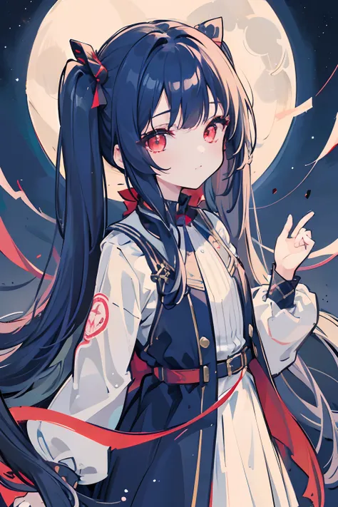 1girl, masterpiece, young girl, high quality, ((dark blue hair)), ((straight hair)), (twintail), ((long hair)), (red eyes), ((deatil face)), in the night, night sky, with the moon, full moon, with the stars, dark, small smiling