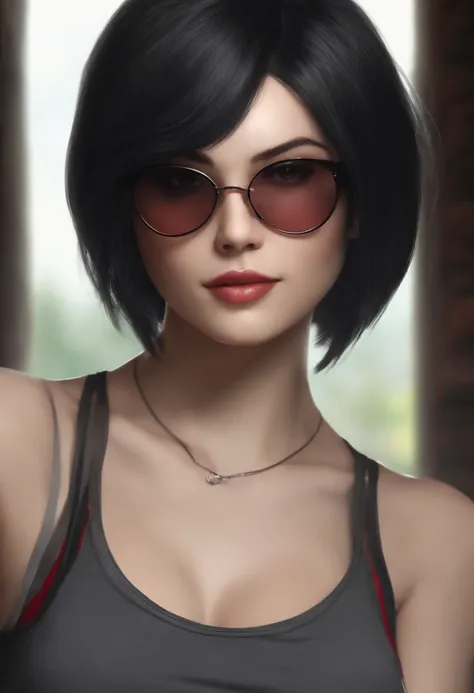 Woman, Young woman, 18 years old, resident evil ada wong hair length to neck style, black hair, hair covering both ears, beautiful face, beautiful, selfie, selfie face frontal, wearing gray tank top without design, wearing dark glasses sunglasses