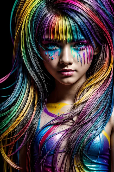 rainbow paint, a girl made entirely out of rainbow paint, entirely paint, 1girl, all ranbow paint, hdr, (intricate details, hyperdetailed:1.15),  gorgeous lighting, rainbow, paint splatter, splashes, very rainbow, very colorful, neon, paint drops, rainbow ...