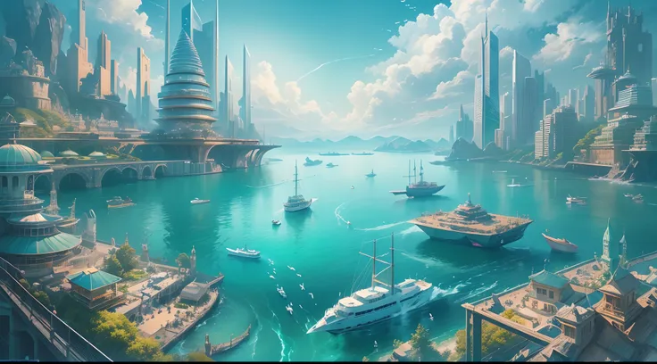 The water city of the future，Picturesque，Its mesmerizing。High-rise buildings rise from the ground，Standing in the middle of the blue ocean，Flying in the sky with all kinds of flying machines，Amphibious vehicles drive on the sea，Its like dancing with the se...