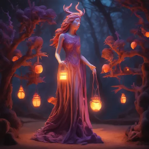 "(best quality, highres, ultra-detailed), The goddess casting mystical glowing spells in a haunted forest, orange and purple hues, portraits, vivid colors, extreme detail description, sharp focus, physically-based rendering, studio lighting, horror, witch,...