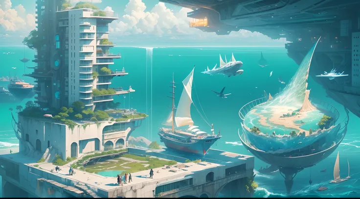 The water city of the future，Picturesque，Its mesmerizing。High-rise buildings rise from the ground，Standing in the middle of the blue ocean，Flying in the sky with all kinds of flying machines，Amphibious vehicles drive on the sea，Its like dancing with the se...