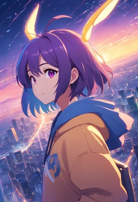 tmasterpiece, beste-Qualit, filmstill, 1 guy, purple hair, shoulder-length hair, blue hoodie, horns of purple hair, yellow eyes, yellow eyeball, black jeans, soaring in the sky, a closeup of a, The vibrant, a happy, warm soft lighting, Sundown, (sparks: 0,...