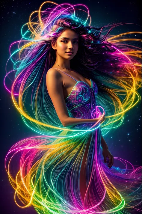 in a mesmerizing display of bioluminescent brilliance, a radiant girl emerges glowing with vibrant hues that dance and swirl lik...