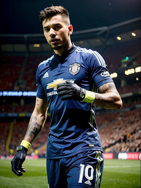 Homem Soccer Player Goalkeeper with tattoos, goalkeeper glove on his hand, in Manchester United, Photography during the game on the field