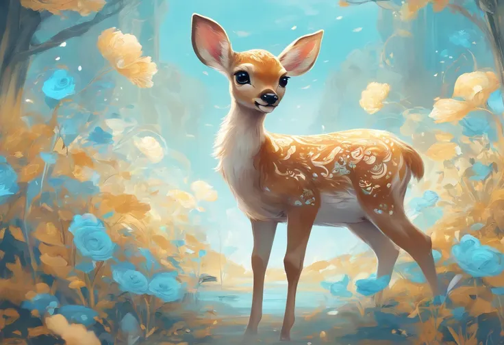 Masterpiece, best quality, 8k, high detail, hyper-detail, a cute fawn, light blue with holographic ornate designs, light blue and gold tetradic colors, approaching perfection