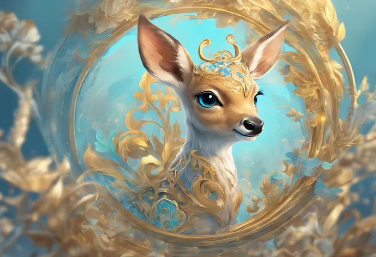 Masterpiece, best quality, 8k, high detail, hyper-detail, a cute fawn, light blue with holographic ornate designs, light blue and gold tetradic colors, approaching perfection