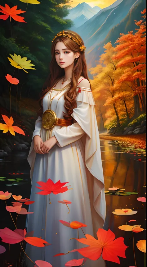 Woman in white dress, goddess of autumn,Beautiful teenage girl, Realistic painting style, Autumn background，Red maple forest，Lotus leaf，lotuses，Distant mountains，Sunset Dusk, Beautiful digital artwork, golden autumn, Guviz-style artwork, 🍁 Cute, photorreal...