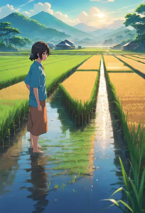 a masterpiece of a cinematic scene of farmers growing rice in wet land, anime style, ultradetailed, 12k, hyperdetailed