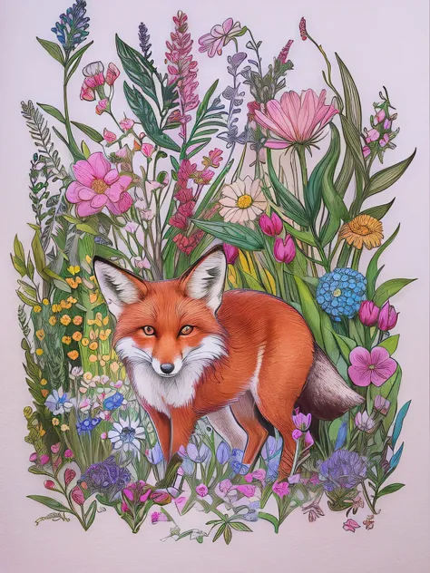 coloring book with a fox and flowers in the background, pink fox, whimsical fox, the lovely hairy fox, coloured with lots of colour, colourful!! highly detailed, ethereal fox, colored in, filled with fauna, watercolor pencil + ink drawing, ✏️🎨, fiery color...