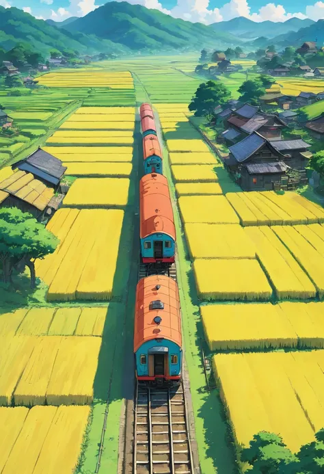 a masterpiece potroit of a cinematic scene of a train passing through an old village or near wet rice farm, where farmers are growing rices, anime style, ultradetailed ,4k