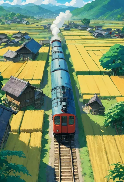 a masterpiece potroit of a cinematic scene of a train passing through an old village or near wet rice farm, where farmers are growing rices, anime style, ultradetailed ,4k