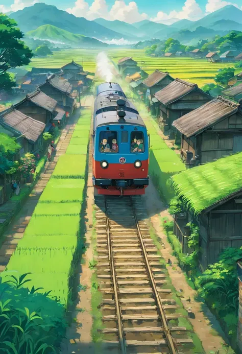 a masterpiece potroit of a cinematic scene of a train passing through an old village or near wet rice farm, where farmers are growing rices, anime style, ultradetailed ,4k