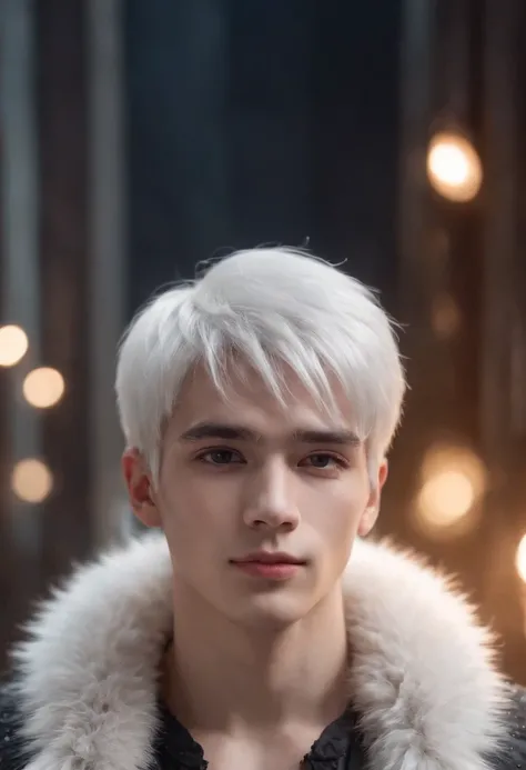 Young man, 20 years old, white hair, two block haircut , shirtless, wearing a black fur coat , reality photo, reality skin, detailed skin, glowing light eyes, Biomechanical, eerie, Creepy, nightmarish, Very bright colors, Light particles, with light glowin...