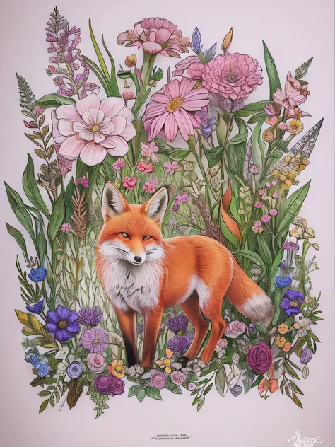 coloring book with a fox and flowers in the background, pink fox, whimsical fox, the lovely hairy fox, coloured with lots of colour, colourful!! highly detailed, ethereal fox, colored in, filled with fauna, watercolor pencil + ink drawing, ✏️🎨, fiery color...