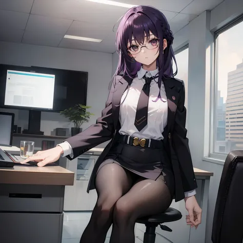 (Masterpiece), Best Quality, expressive eyes, a perfect face, 1girl, solo, purple hair, brown eyes, office clothes, white  shirt, black jacket, unbuttoned blazer, black necktie, pencil skirt, black tights, transparent tights, black shoes, Cross-legged, Sit...