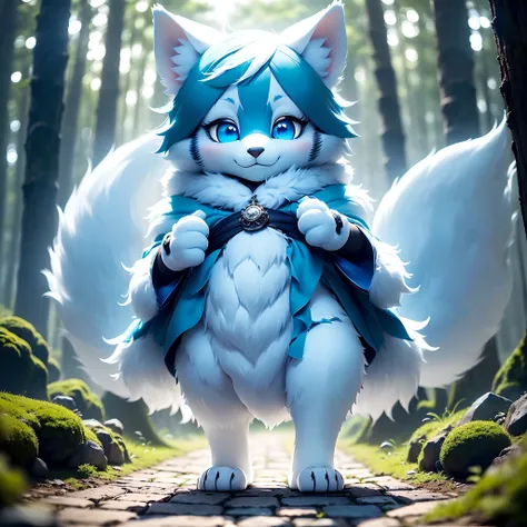 Anthropomorphic standing furry little wolf，adolable, Light：Extreme light and shadow,(anthr(Full Body Furry,Head bust close-up， Pale blue hair,Large pale blue ears，Big blue eyes，White fur，Reddish skin ，Sky blue eyes, Pale blue hair:1.2), (long canines、Thick...