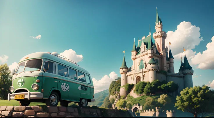 a green and white van near a castle, pixar disney cartoon style