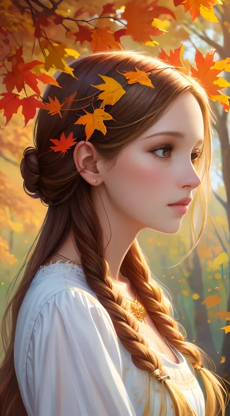 Woman in white dress, goddess of autumn,Beautiful teenage girl, Realistic painting style, soft autumn sunlight, Beautiful digital artwork, golden autumn, Guviz-style artwork, 🍁 Cute, photorrealistic concept art, landscape artwork, inspired by Magali Villen...