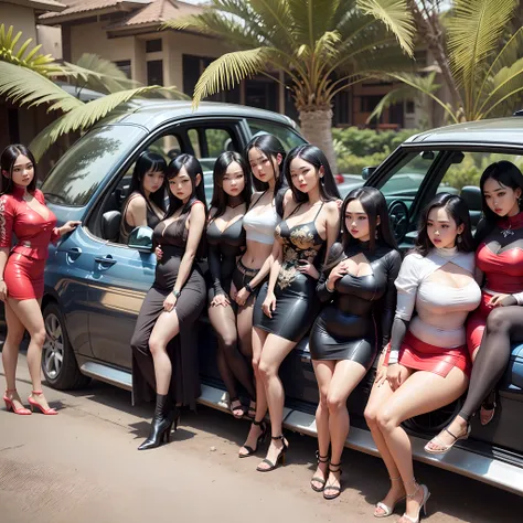 beautiful Indonesian girls with curvy body gathered around the car --auto --s2