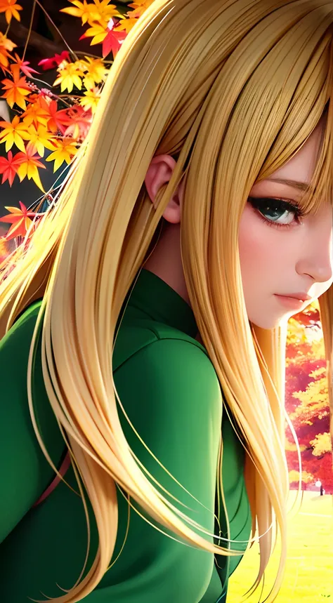 Close up of a woman with long blonde hair and green dress, 🍁 Cute,autumn background， Guviz-style artwork,, Guviz, Beautiful image, girl, 🌺 CGSesociety, 🍂 Cute, Beautiful digital illustration, Beautiful character painting, beautiful teenage girl, Guweiz in ...