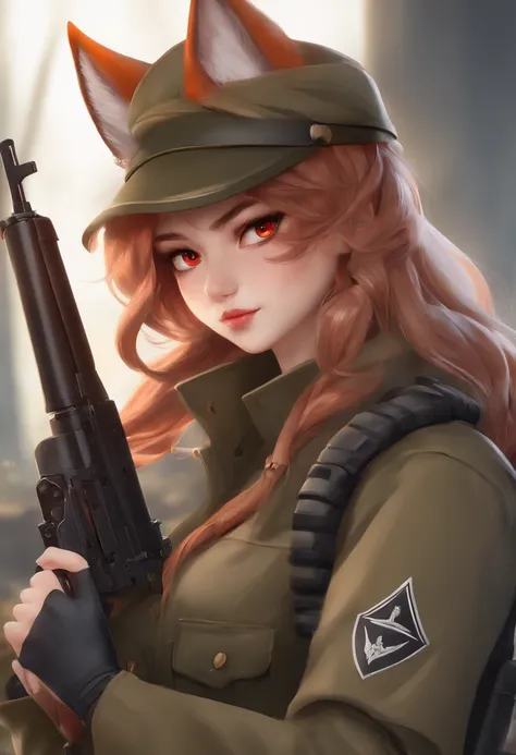 color, Fox Ear, red eyes, wearing military outfit, holding gun SS-2, military camp, absurdres, high res, ultrasharp, 8k, materpiece, looking at viewer