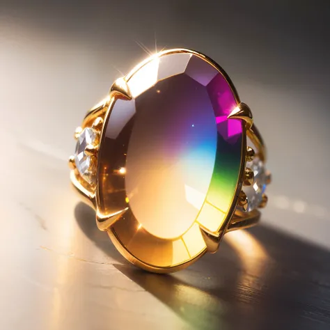 a picture of Enchanted ring, oval clear stone containing a rainbow, gold fitting, on a white background