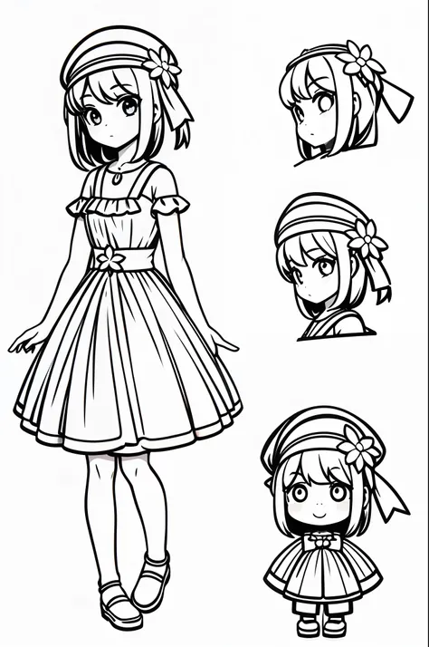 three-view drawing, Generate three views, namely the frontview, Rear view and side view ,A little girl in a dress, Wearing a flower hat.full bodyesbian, Popmart blind box, IP design, Collectible toys, Clean background,kawaii, 3D rendering of, Eight-fold, S...