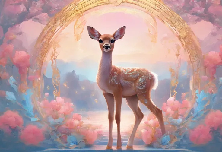 Masterpiece, best quality, 8k, high detail, hyper-detail, a cute fawn, light blue with holographic ornate designs, light pink and gold tetradic colors, approaching perfection