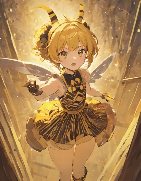 Girl with a square, rose hair, sinuous hair, Yellow biret with brown stripes, Bee antennas on the biret, yellow short dress with arms, Brown corset with golden clasp, straps from the corset, brown gloves, white shorts under the dress, Brown tights, Yellow ...