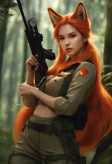 1girl, Ponytail ,long hair orange color, Fox Ear, red eyes, wearing military outfit, holding gun M82A1, Forest, absurdres, high res, ultrasharp, 8k, materpiece, looking at viewer