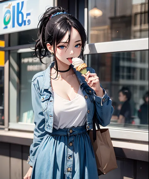 The Masterpiece、Realstic、best qulaity、Squint、Beautiful woman licking up a large soft-serve ice cream with her tongue、photorealestic, ponytail black hair, blue eyes, wearing a blue dress and jean jacket, 8k