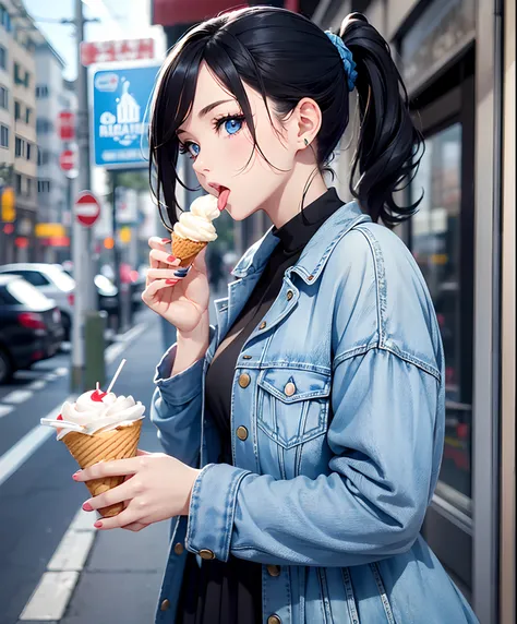 The Masterpiece、Realstic、best qulaity、Squint、Beautiful woman licking up a large soft-serve ice cream with her tongue、photorealestic, ponytail black hair, blue eyes, wearing a blue dress and jean jacket, 8k