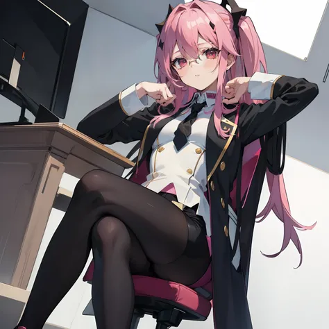 (Masterpiece), Best Quality, expressive eyes, a perfect face, 1girl, solo, pink hair, red eyes, flatt chest, office clothes, white  shirt, black jacket, unbuttoned blazer, black necktie, pencil skirt, black tights, transparent tights, black shoes, Cross-le...