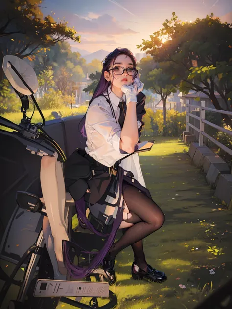 (Masterpiece), Best Quality, expressive eyes, a perfect face, 1girl, solo, purple hair, brown eyes, office clothes, white  shirt, black jacket, unbuttoned blazer, black necktie, pencil skirt, black tights, transparent tights, black shoes, Cross-legged, Sit...