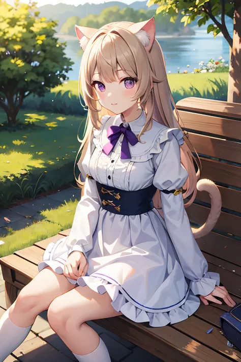 (Masterpiece), Best quality, high resolution, Highly detailed, Detailed background, Perfect lighting, En plein air, 1girll, Long khaki hair, Long hair,, Purple eyes,Cat ears，a cat tail, Light blue gorgeous princess outfit，puff sleeves，Sit on a bench under ...