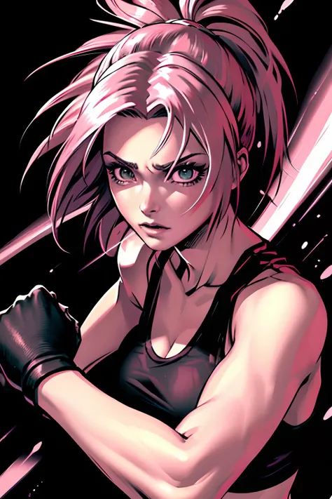 Fazendo uso dos recursos de pintura em alta qualidade (best quality, photorealistic), efeitos de contraste intenso e drama (highcontrast, highdrama:1.1), Depict a scene with a woman in a fighting position inside a dark ring. The painting must have anime pr...