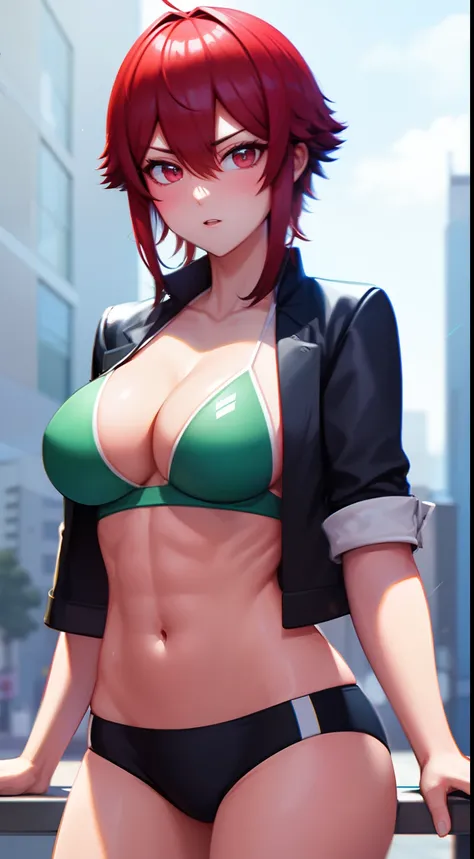 8k, best quality, masterpiece, ultra-detailed, garota linda de anime, sozinha, alone, only a girl, somente uma garota, she is alone, shes alone, olhos vermelhos, olhos avermelhados, olhos de cor vermelha, red eyes, cabelos curtos, solo, red hair, cabelos v...