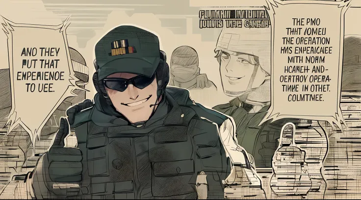 Una caricatura de un hombre con uniforme militar sosteniendo un cartel, de Metal Gear, Fujita Goro y Jones, Detalles de alta calidad, Gama Murata, Complejo independiente, Detalles de alta calidad, military police, Katsuhiro e Inio Asano, Joe Biden como un ...