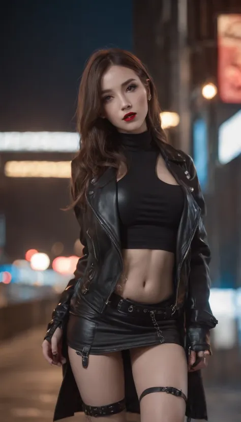 1Punk and goth girl with goth outfit,Sexy,(Black leather jacket, Mini skirt, choker necklace, Bracelet:1.1),fishnet stockings, tattoo, Long hair, Brown hair,bare shoulders​, Hair between the eyes, Long hair, Oval face, Double eyelids, parted lip, Blue eyes...