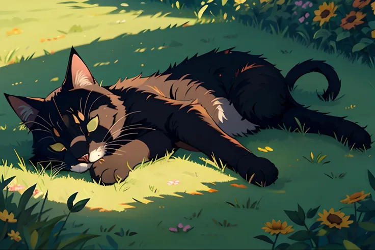 black cat, sunny garden, hot sun, cat sleeping on the grass, eyes closed, cat basking in the sun, lazy cat,