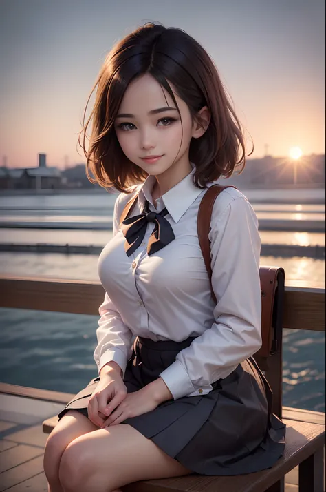 8K, Raw photo, Best Quality, masutepiece: 1.2), (Realistic, Photorealsitic: 1.37), Ultra-detailed, 1 schoolgirl, Beautiful, Solo, Beautiful detailed sky, Detailed Coffee, Night, Sitting, (Flushed nose), (Smile: 1.1), long brown hair　medium breasts, Beautif...