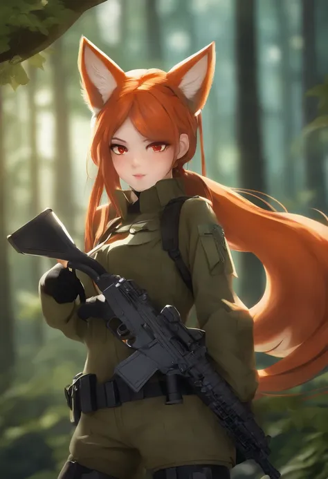 Anime, 1girl, Ponytail ,long hair orange color, Fox Ear, red eyes, wearing military outfit, holding gun M82A1, Forest, absurdres, high res, ultrasharp, 8k, materpiece, looking at viewer