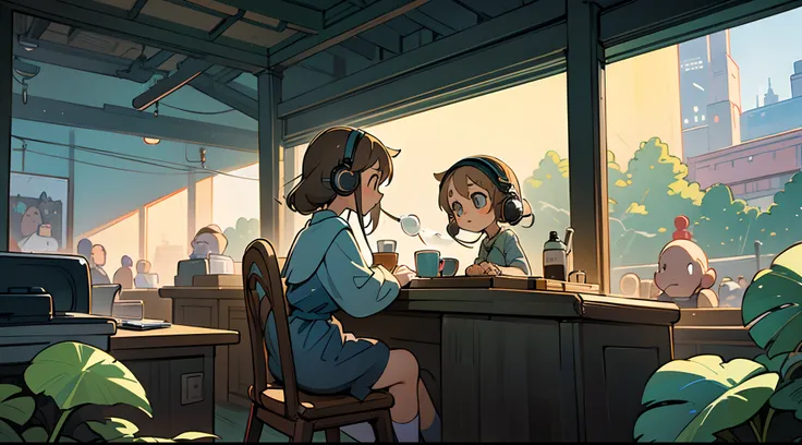 Seated child, Computer equipment、 Sitting girl、Wear headphones、Ghibli style、Cafe-like atmosphere、There is a mug on the table.、Detailed drawings、hightquality、Enjoy music、Anime that goes well with jazz、illustratio,Calm café、Sateen