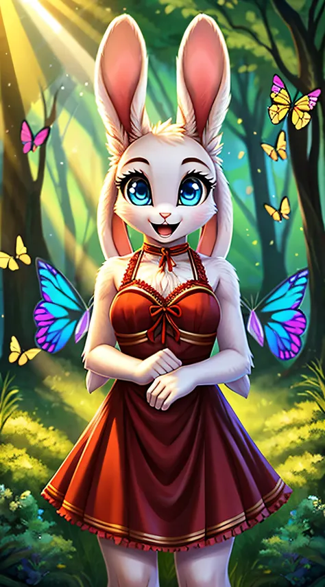 zoomed out image, fantasy style art, cute, adorable, small, short, tiny, teenage fluffy female white bunny with blue eyes, attractive body, large chest, busty, curvy and skinny body, 4 ears, 2 extra ears, big floppy ears, long ears, ears perked up, raised ...